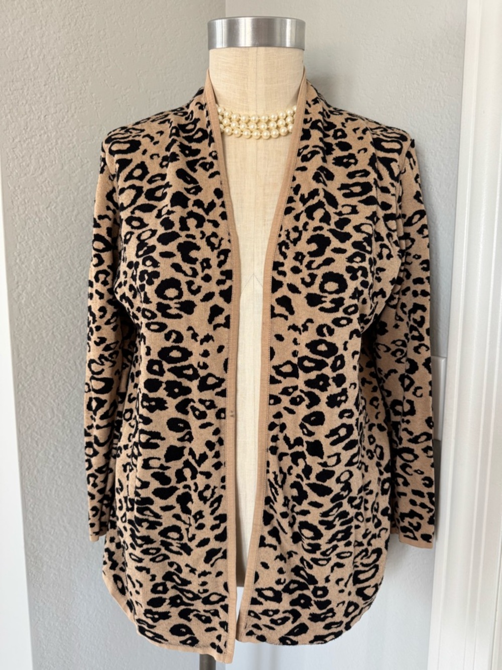 JM Collection Leopard Print Open Front Women's Sweater Cardigan Petite Large